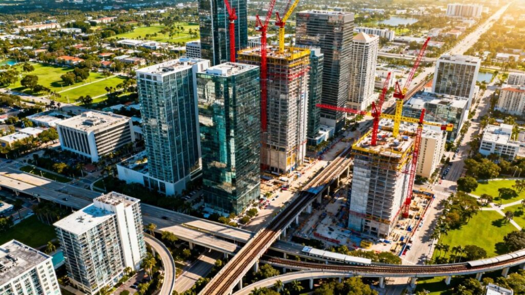 Broward County skyline with construction cranes and new buildings.