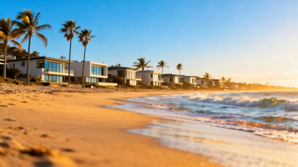 South Florida homes with palm trees and ocean.