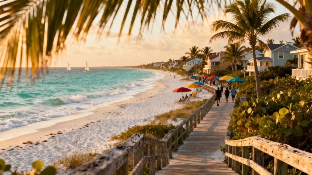 Florida beach with palm trees and coastal homes.