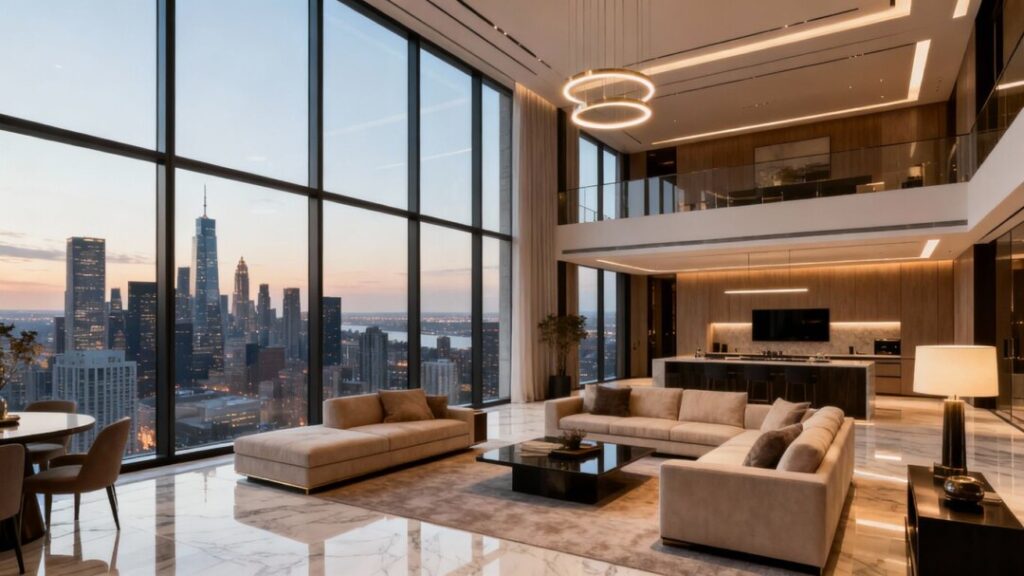 Penthouse interior with city views at The Standard Residences, Brickell.