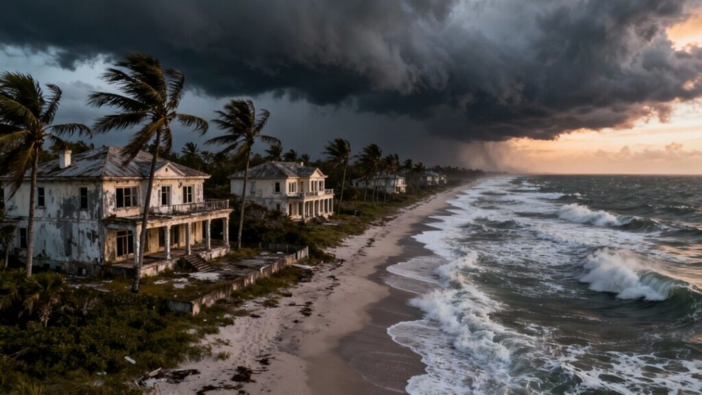 Florida beachfront homes under dark storm clouds