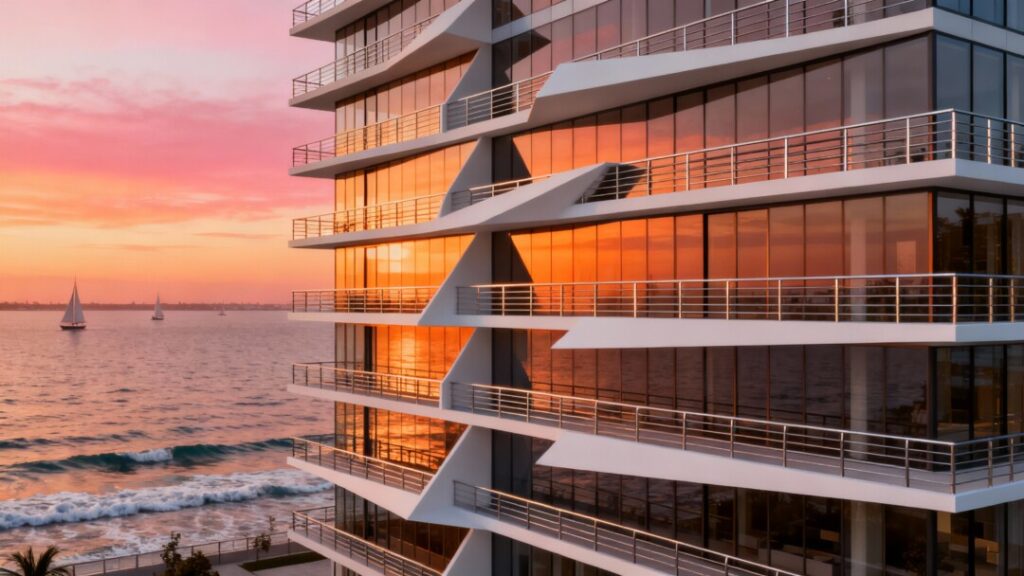Exterior rendering of the modern, waterfront La Baia condominium building at sunset