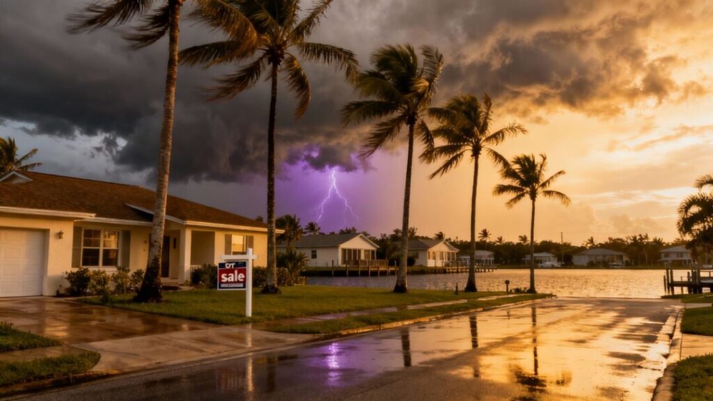 Florida homes under storm clouds and for sale sign