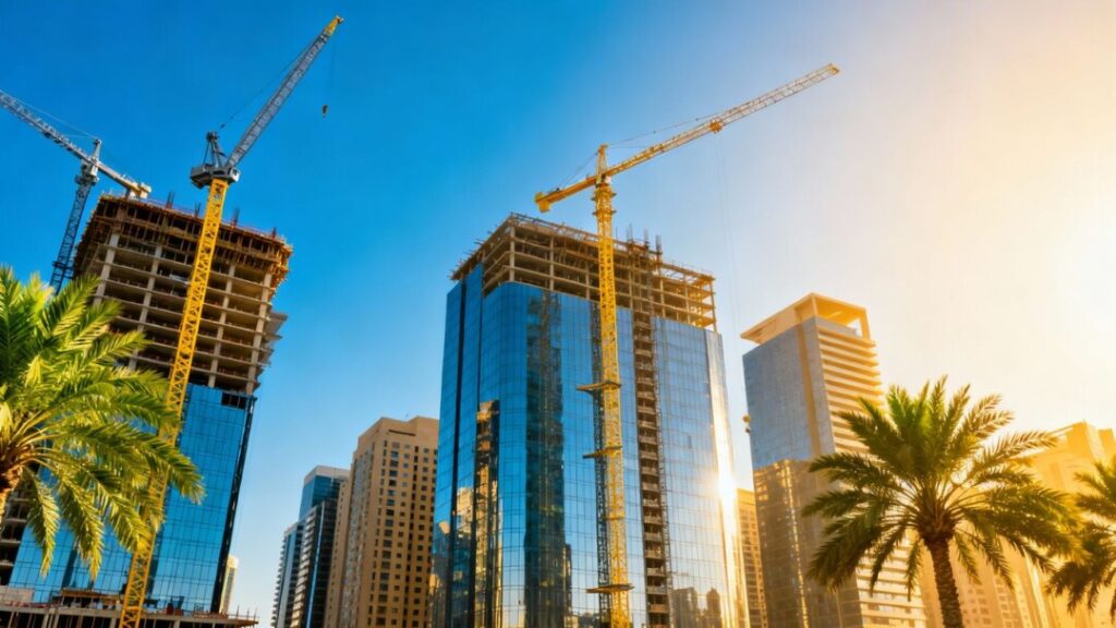 Florida skyscrapers, palm trees, and construction cranes