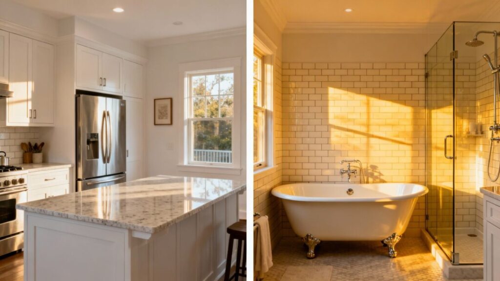 Renovated kitchen and bathroom with modern fixtures.
