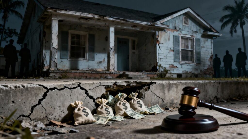 Florida home with money spilling from cracks, shadowy figures.