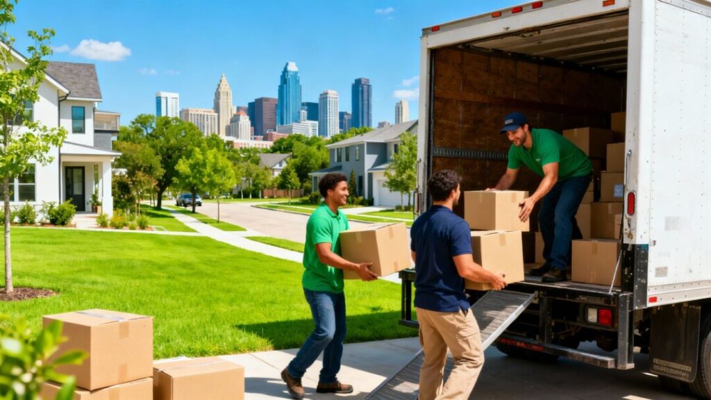 Movers unloading boxes in Austin neighborhood