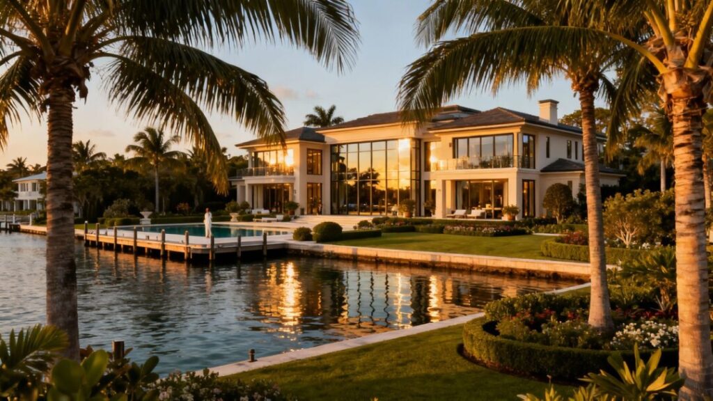 Luxury Florida mansion with waterfront view and palm trees.