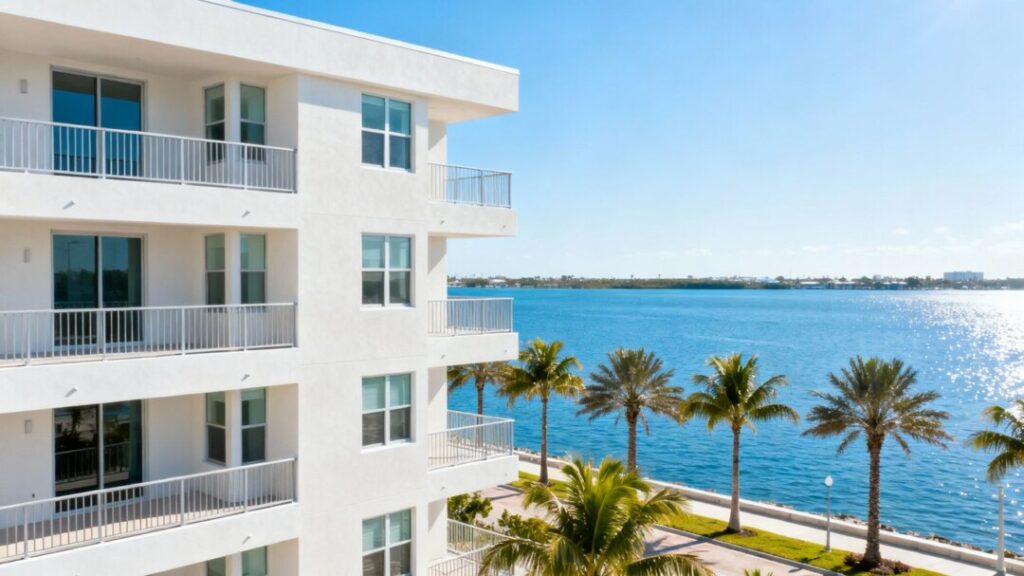 New waterfront housing development with balconies and palm trees.