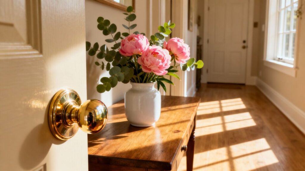 Polished doorknob and fresh flowers brighten tidy entryway.