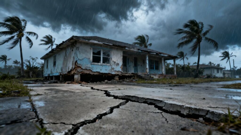 Florida home with cracked foundation under stormy sky.