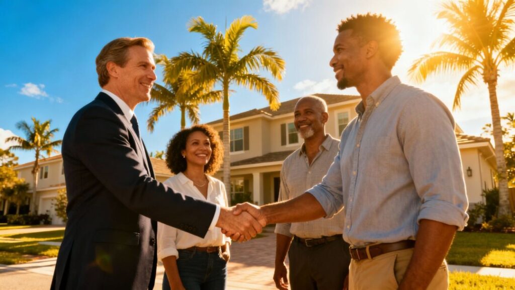 Florida agents and homebuyers shaking hands outside suburban house