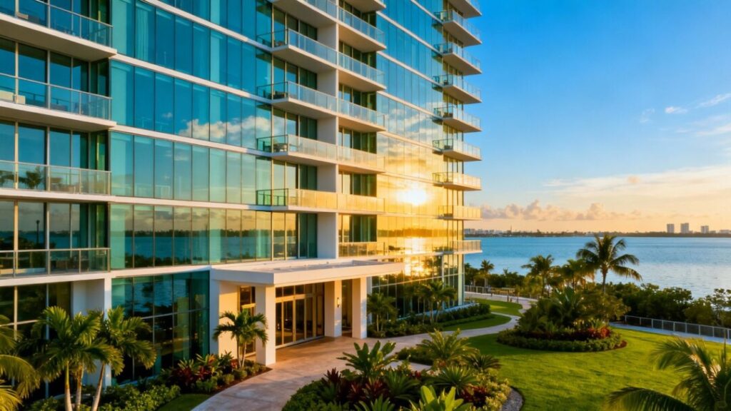 Modern high-rise building in Miami Edgewater neighborhood