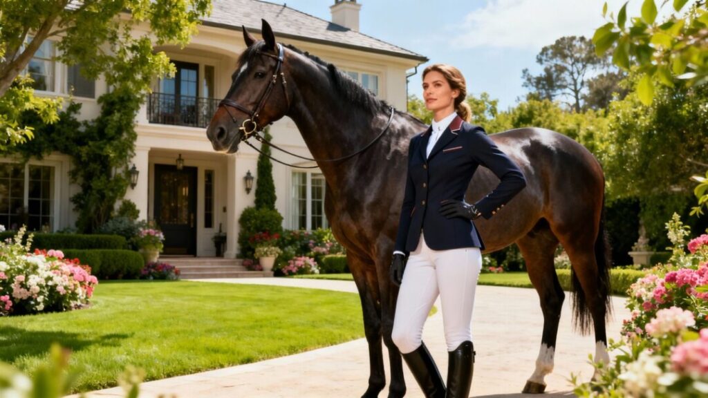 Woman in equestrian outfit with horse near elegant house.