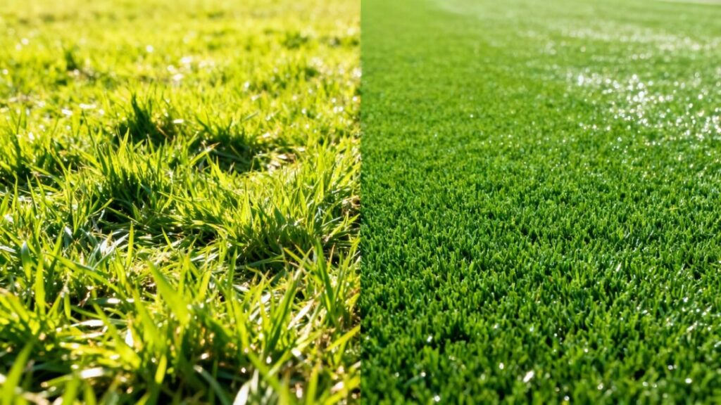 Natural grass versus artificial turf lawn comparison.