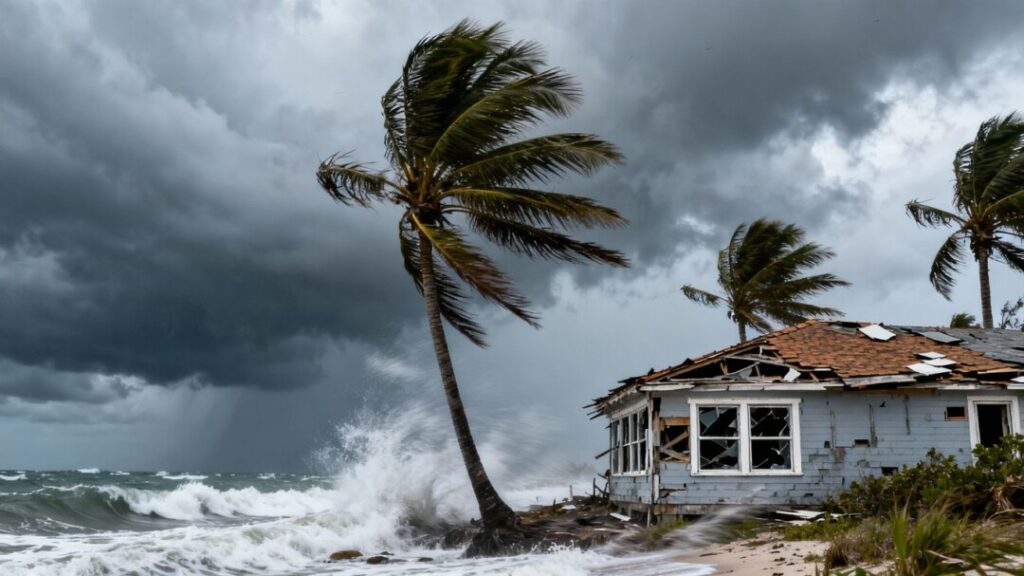 Florida coast after a hurricane, damaged house.
