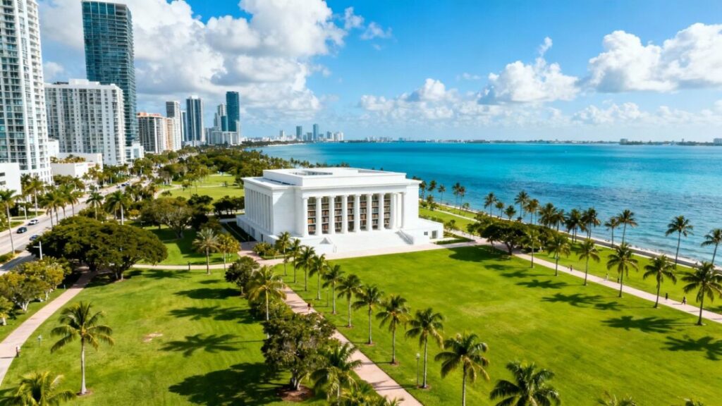 Miami waterfront park and white library building