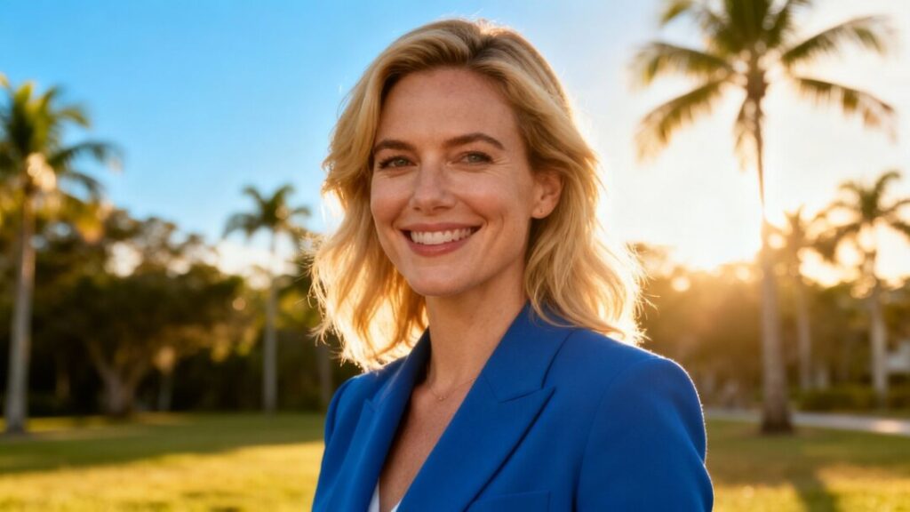 Tina Halsteter in Florida with palm trees.