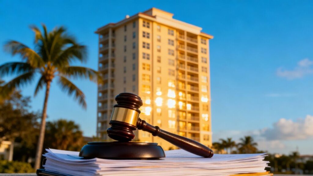 Florida condo building with gavel and legal documents.