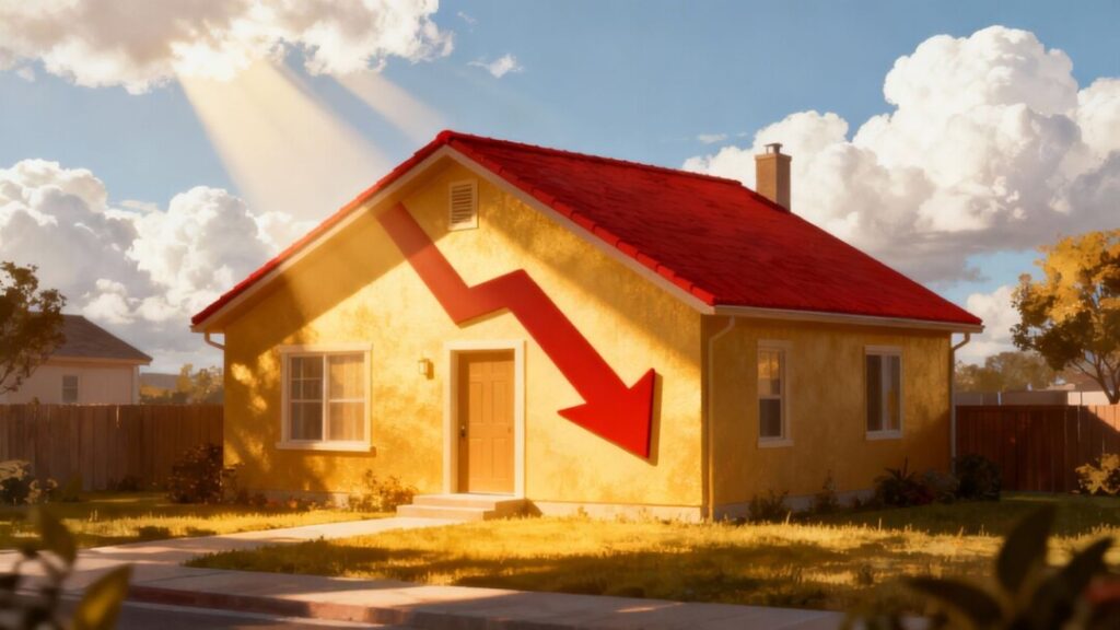 House with falling mortgage rate arrow, hopeful sunlight.