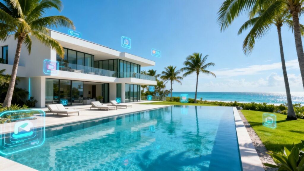 Luxury Florida mansion with digital elements.