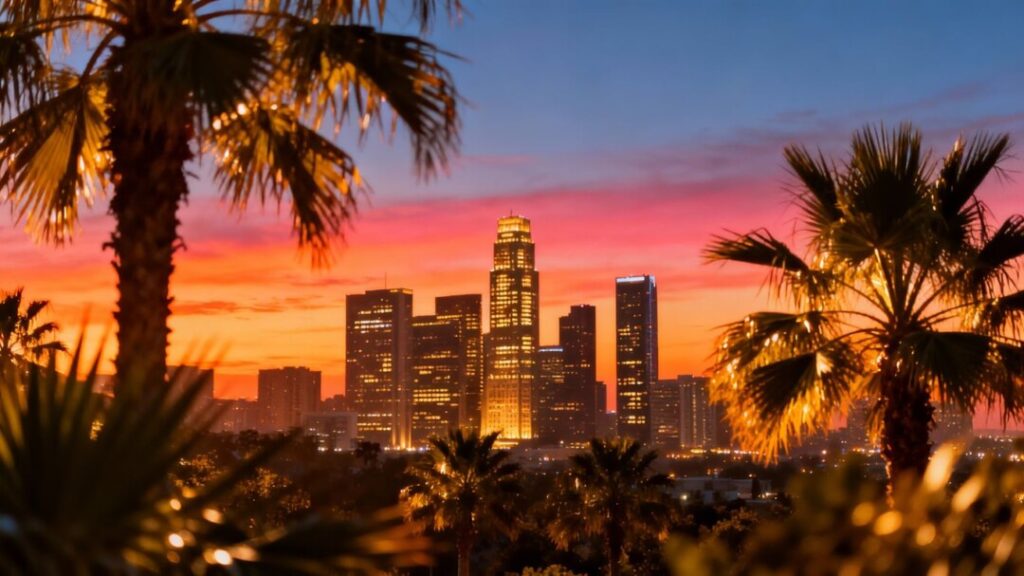 Florida skyline at sunset with palm trees.