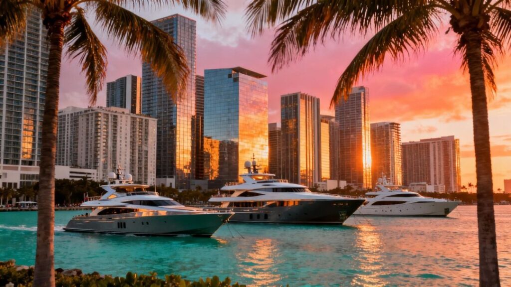 Miami skyline with luxury yachts and palm trees.