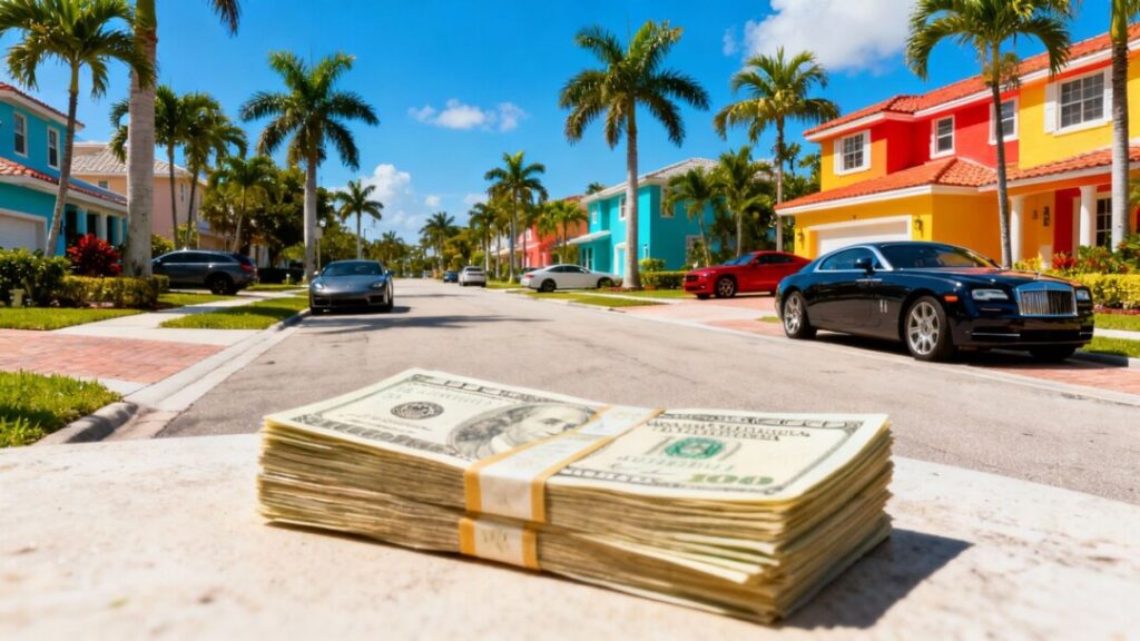West Palm Beach houses with palm trees and cash stack