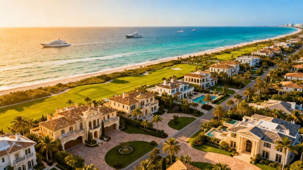 Palm Beach Luxury Real Estate Market Soars: A “Trump Bump” and All-Cash Deals Fuel Record Sales Luxury mansions on Palm Beach coastline with yachts.
