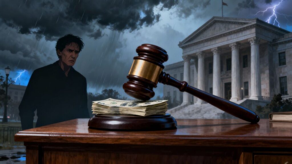 Gavel hitting money, courthouse, stormy sky.