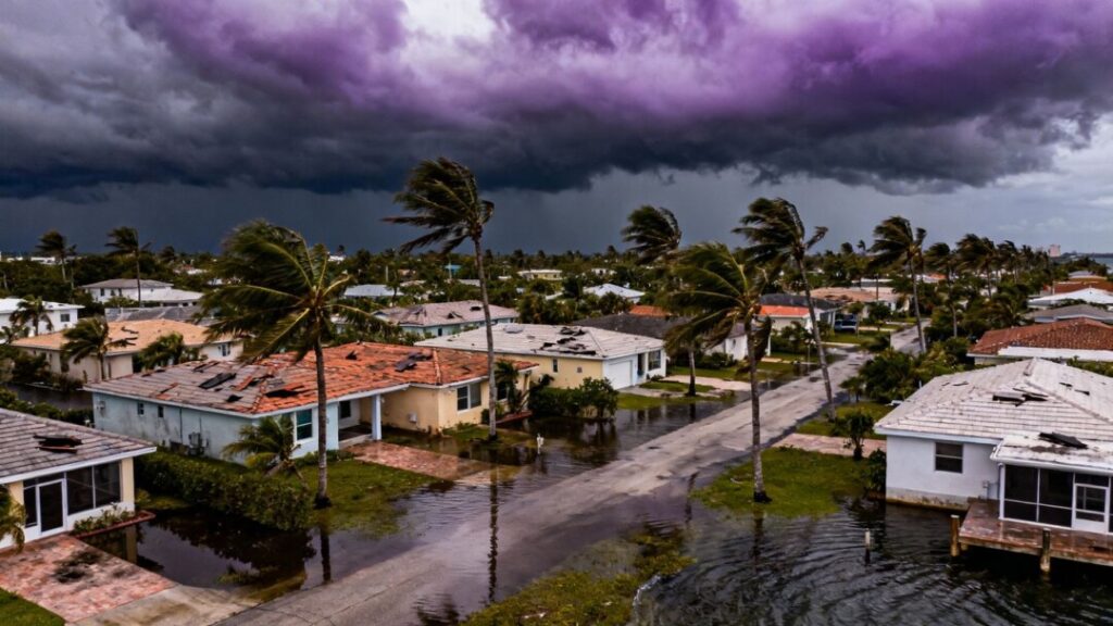 Stormy skies over Miami homes near water and flooding