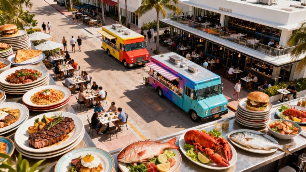 Miami's vibrant food scene with diverse restaurants and cafes.