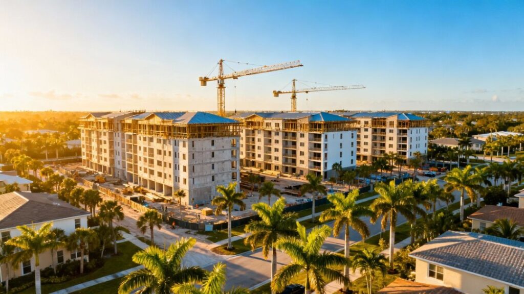 Florida neighborhood with new apartments and palm trees.