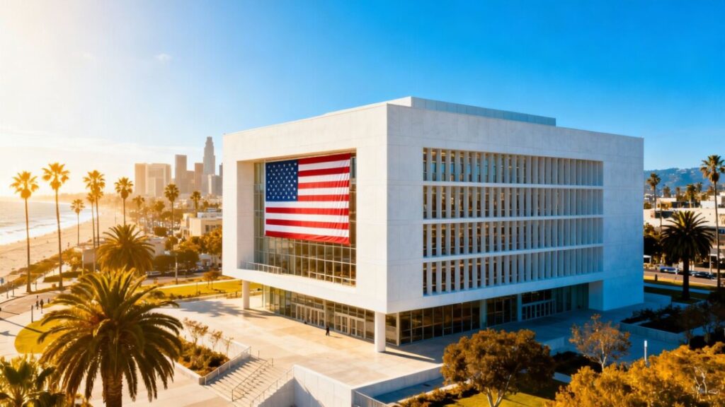 Miami library building with American flag and cityscape.