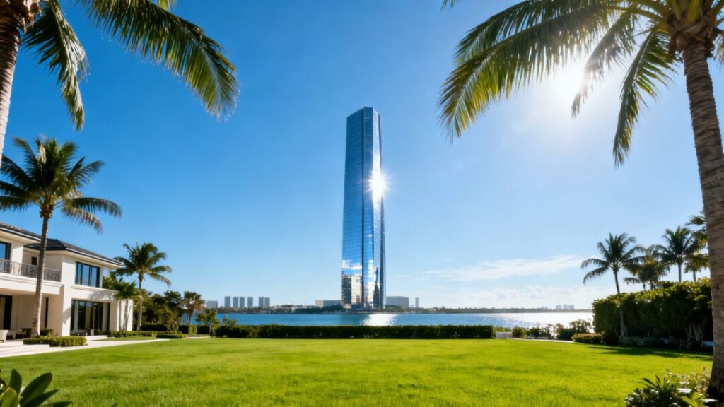 Florida mansion and modern skyscraper with palm trees.