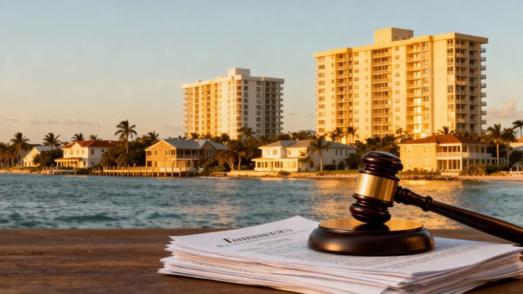 Florida homes with a gavel and deeds, indicating new real estate laws.
