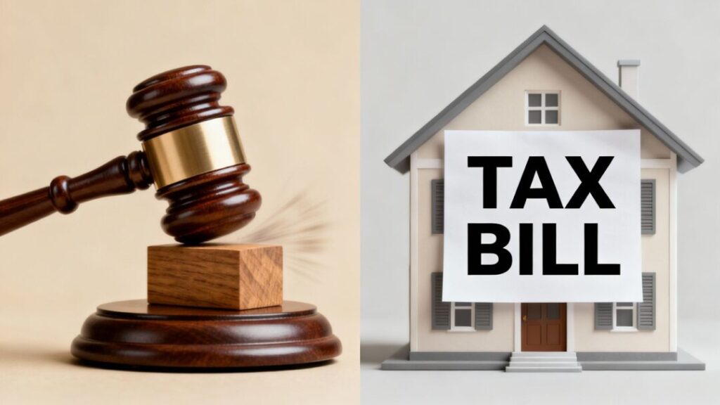 Gavel striking, house with tax bill.