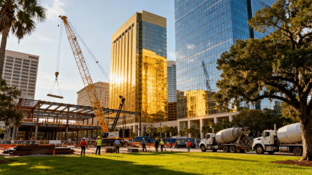 Tampa skyline with cranes and new office buildings