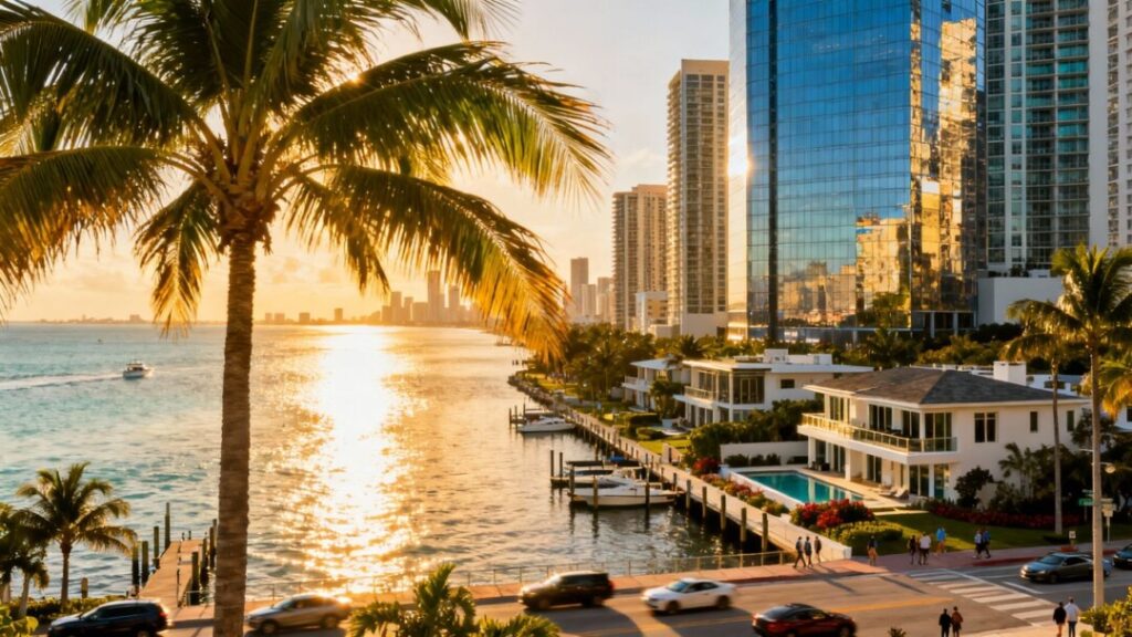 South Florida skyline with luxury buildings and ocean views.
