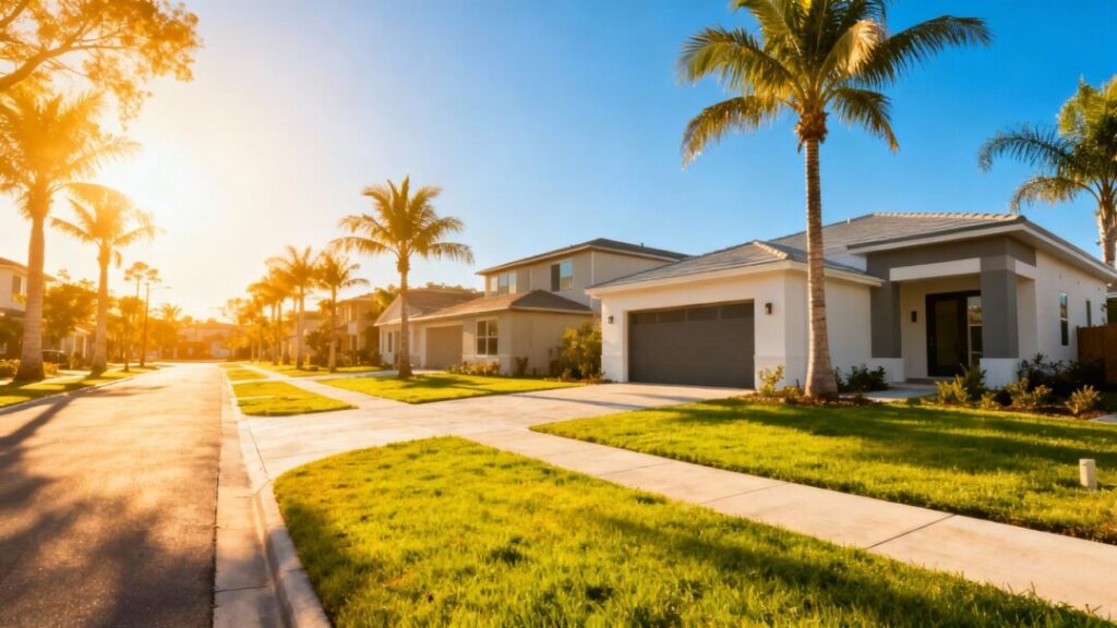 South Florida homes with palm trees under a blue sky.