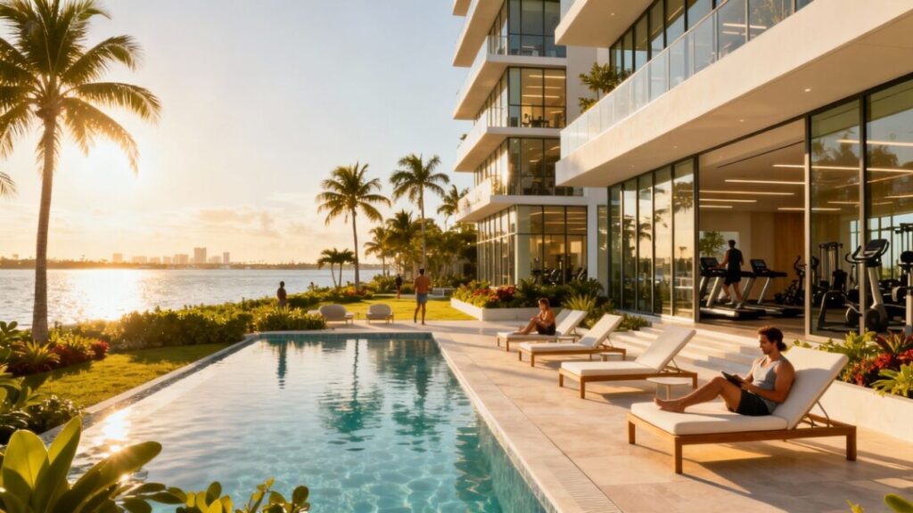 Luxury wellness club with pool and palm trees