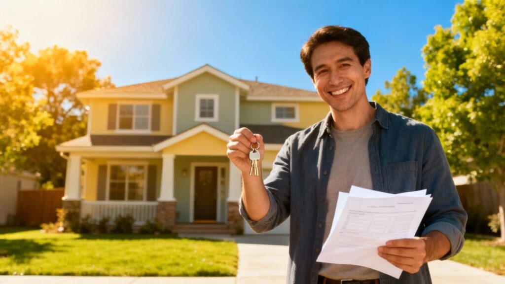 Happy homeowner outside modern house with keys