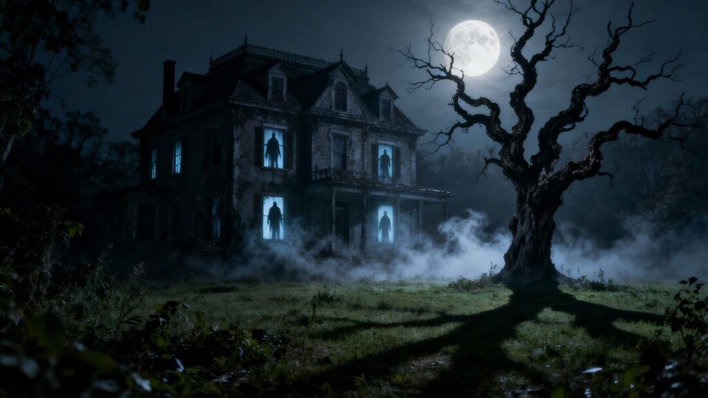 Haunted mansion with ghosts and mist under a full moon.