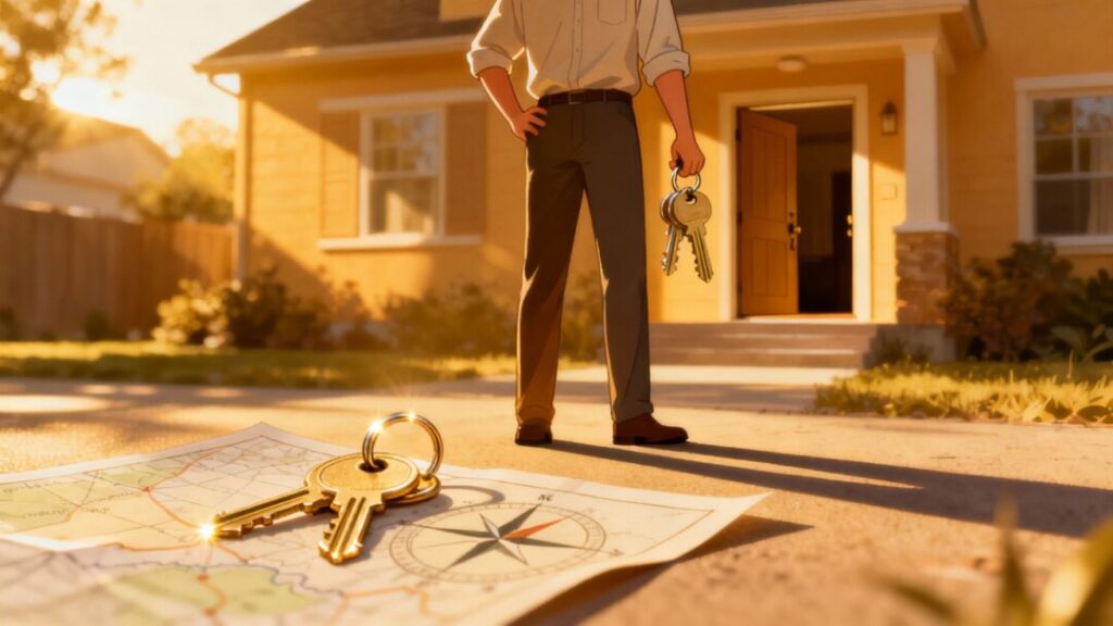 First-time landlord holding keys in front of a house.