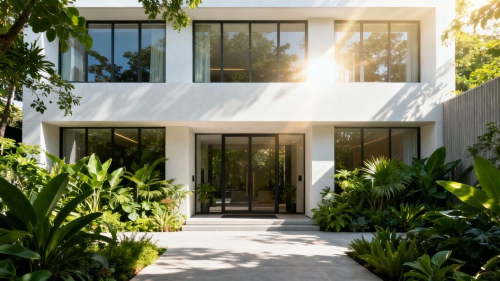 Modern accessible housing building with green plants.