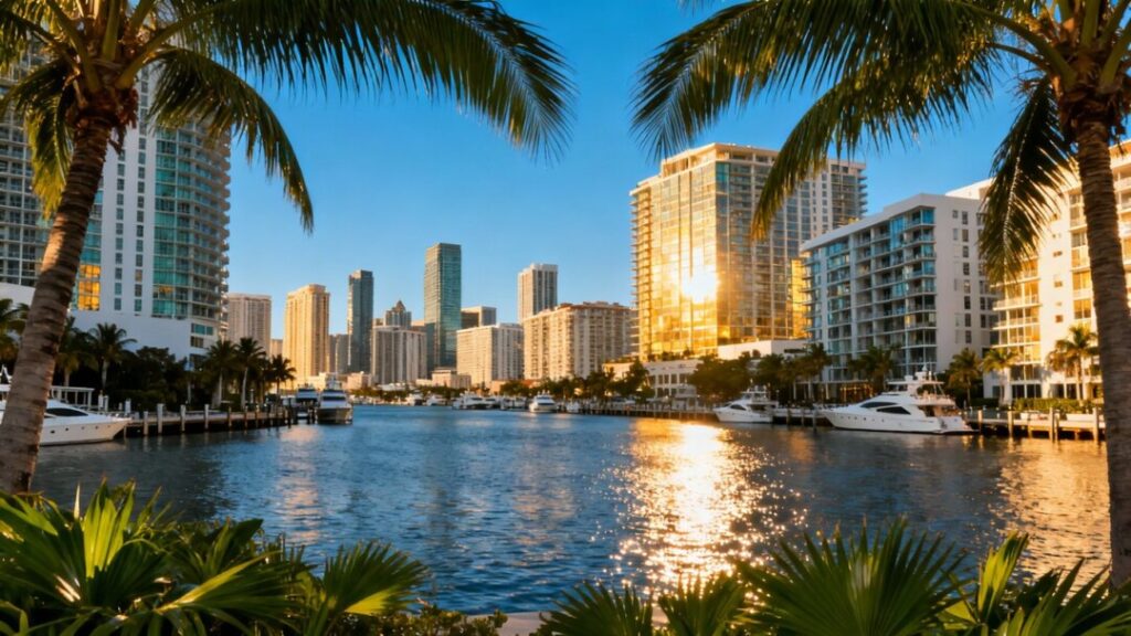 Florida skyline with luxury condos and bustling waterfront