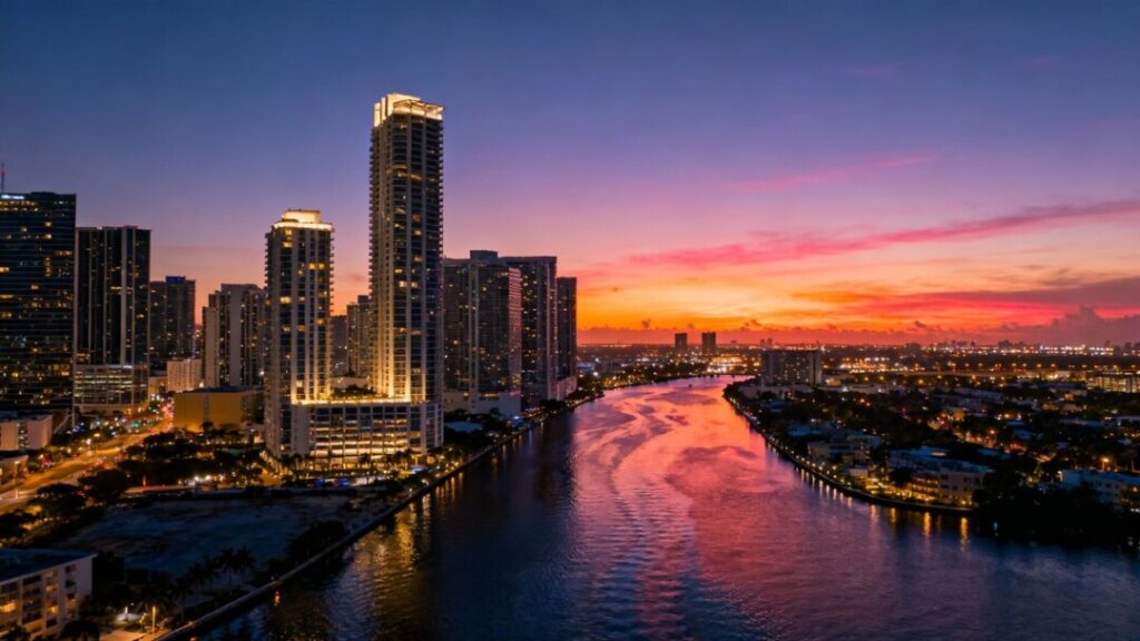 Miami Brickell and Downtown skyline at dusk.