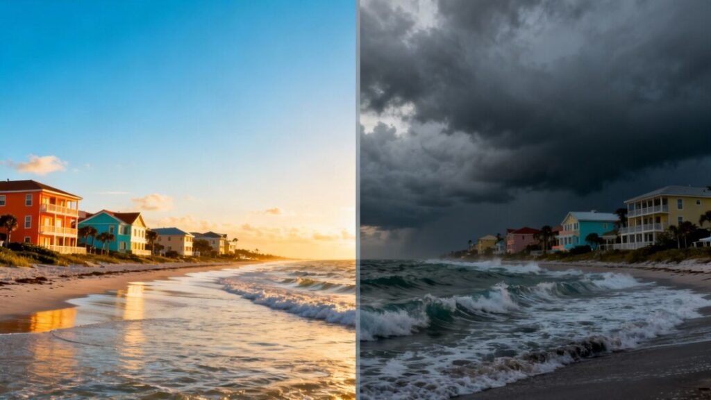 Florida housing market uncertainty: sunny vs. stormy coastlines.