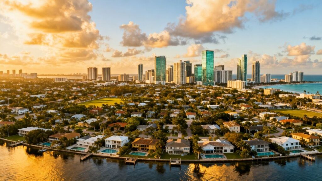 Miami skyline with coastal neighborhoods and high-rise buildings