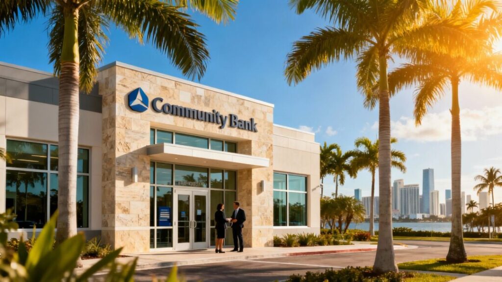 South Florida bank with palm trees and city skyline